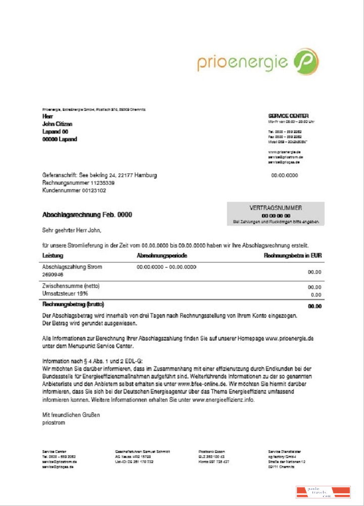Germany Prioenergie proof of address utility bill